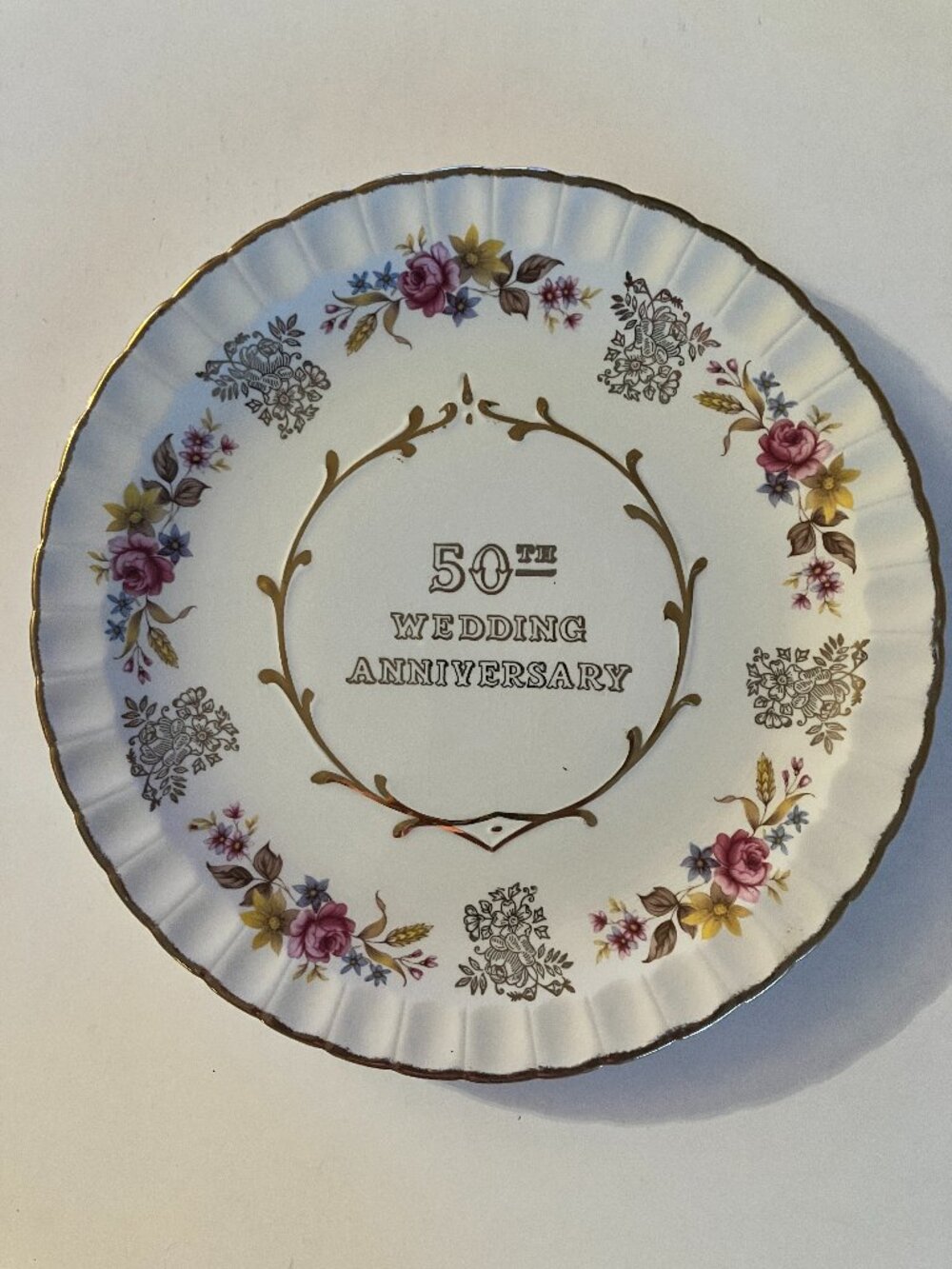 VTG 50th Anniv 10" Plate Avon Wood & Sons Burblem England Alpine White Ironstone